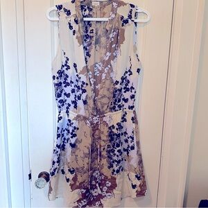 Aritzia Babaton 100% Silk Blue/White/Brown Floral Print Sleeveless V-Neck dress